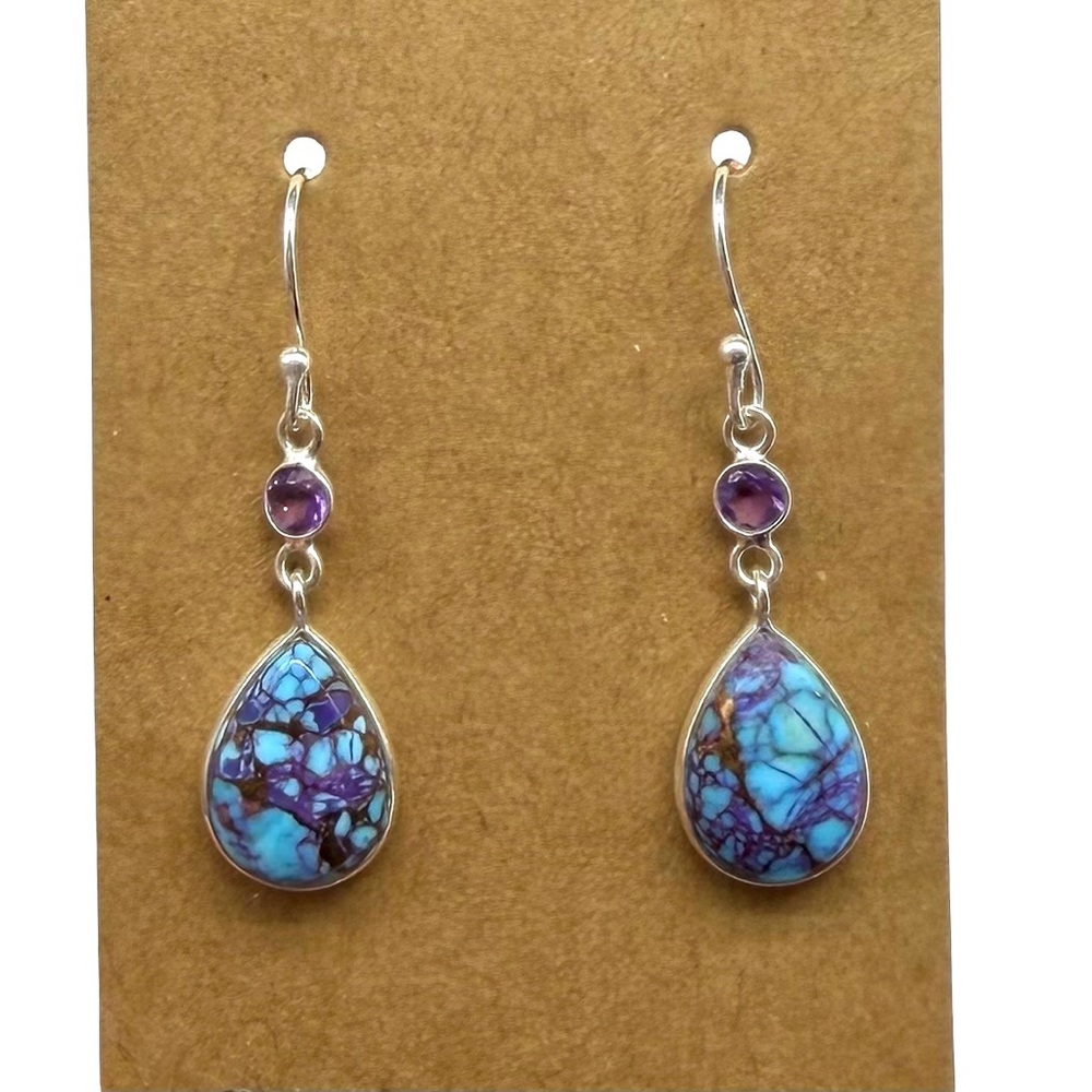 Hand Crafted Turquoise and Amethyst Earrings - Picture 2 of 5